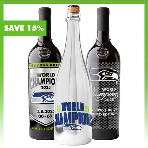 Save 15% on your order of Seattle Seahawks 2025 World Champions 3 Pack from Mano's Wine