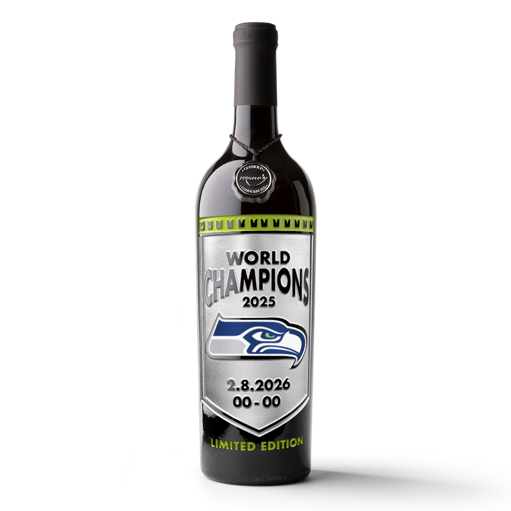 Mano's Wine limited edition bottle etched with Seattle Seahawks logo 2025 World Champions