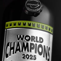 Close up of Mano's Wine limited edition bottle etched with Seattle Seahawks logo 2025 World Champions