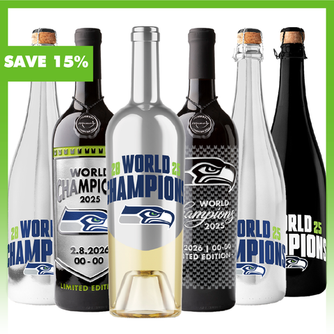 Get commemorative etched red wine, white wine and bubbly wine in the Seattle Seahawks 2025 World Champions Collectors 6 Pack