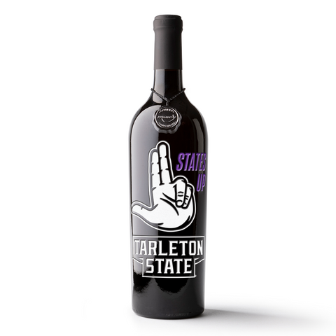 Cabernet sauvignon wine bottle etched with Tarleton State University "States Up" motto and hand gesture