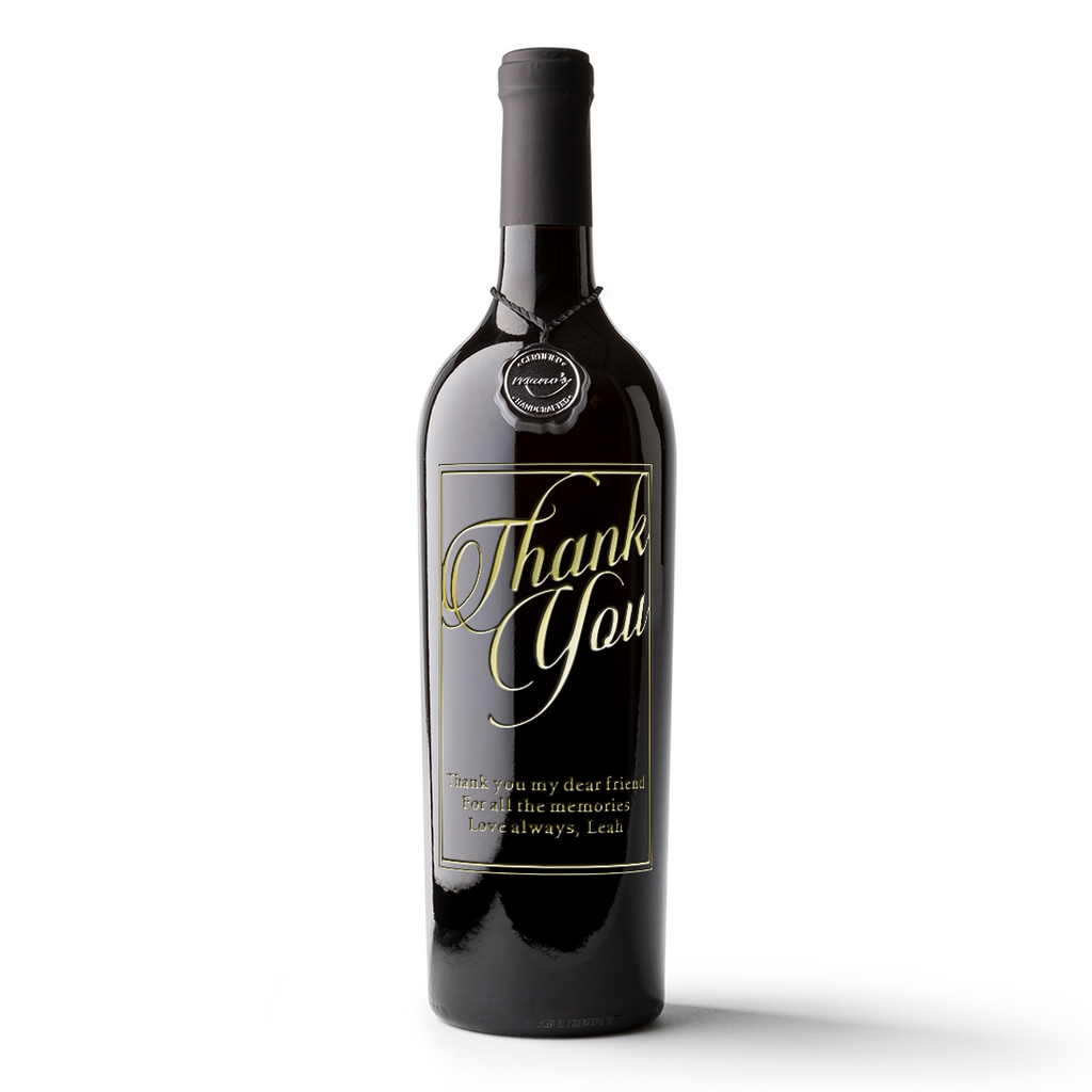 Thank You Script Custom Etched Wine bottle from Mano's Wine