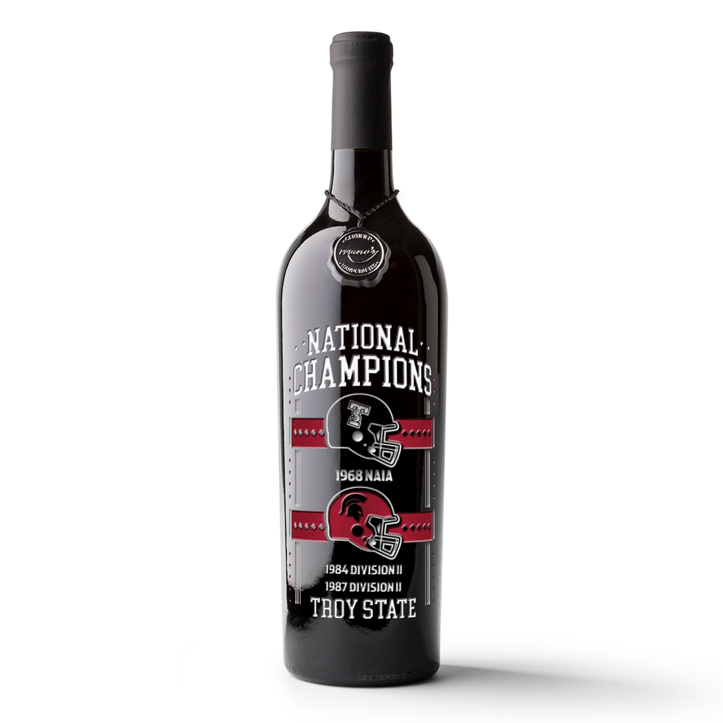 Troy University Divisional Champions etched wine bottle from Mano's Wine