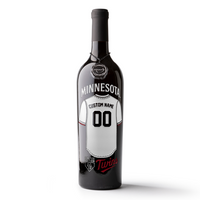 Mano's Wine bottle featuring a customizable Minnesota Twins jersey etched on the wine bottle