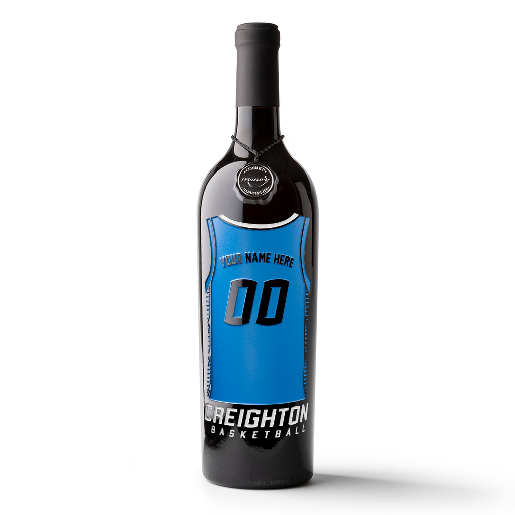 Customize a Creighton University Basketball Jersey etched wine bottle