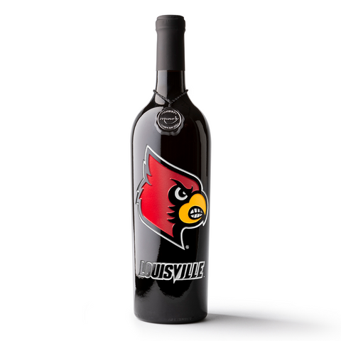 University of Louisville Cardinals Logo on an etched wine bottle from Mano's Wine