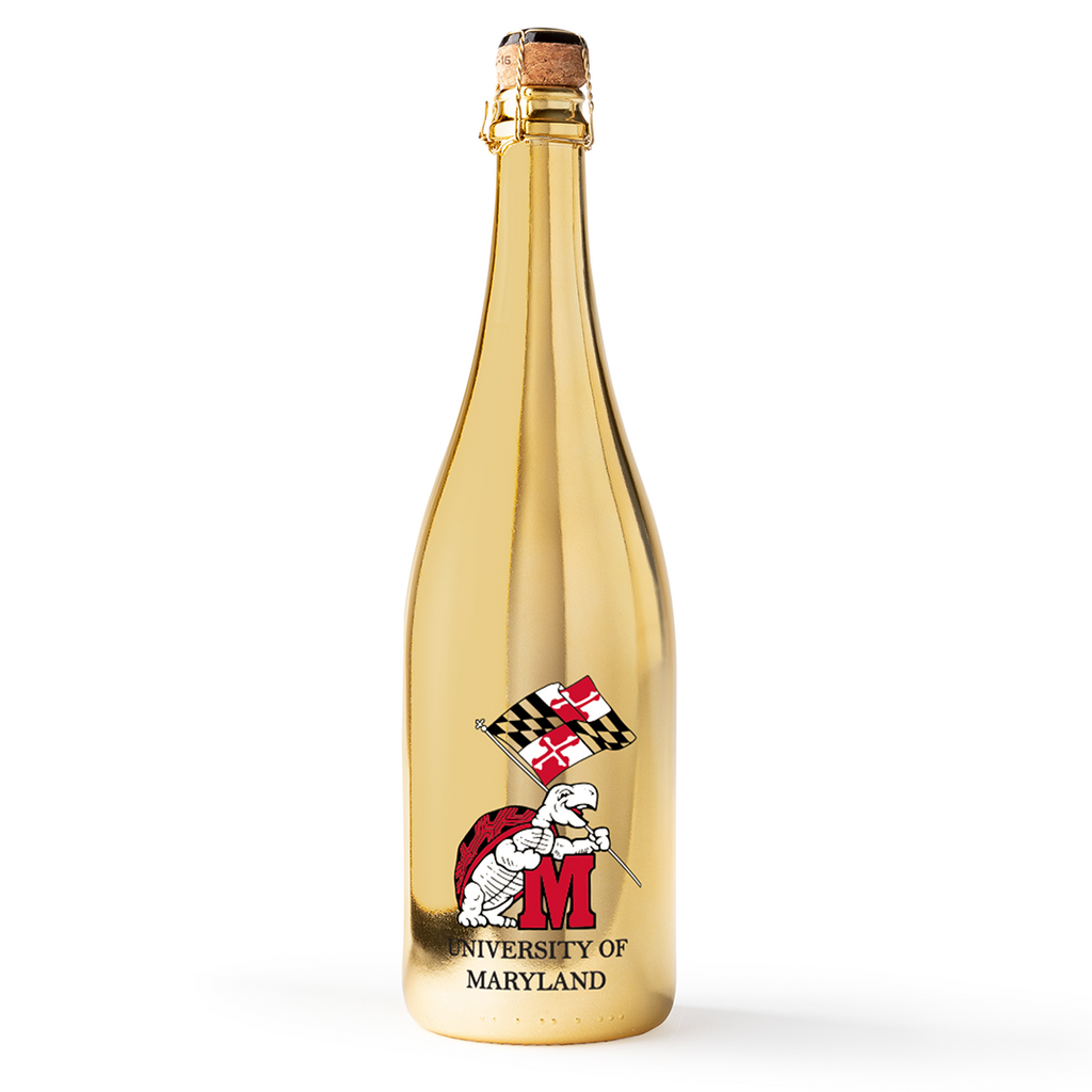 University of Maryland Logo Metallic Gold Bubbly wine bottle with Terrapin waving Maryland state flag