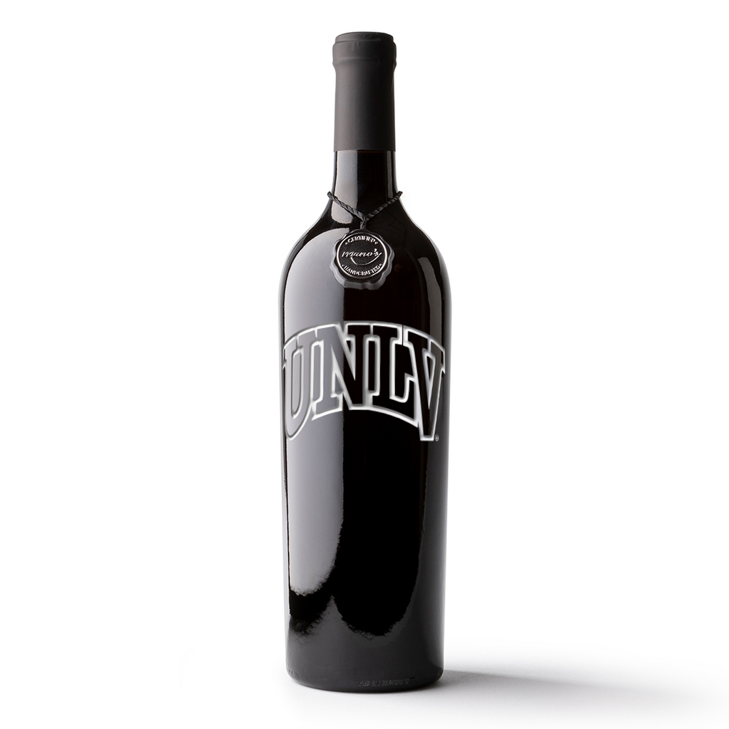 Black wine bottle with UNLV etched on a bottle of cabernet sauvignon wine with a white background