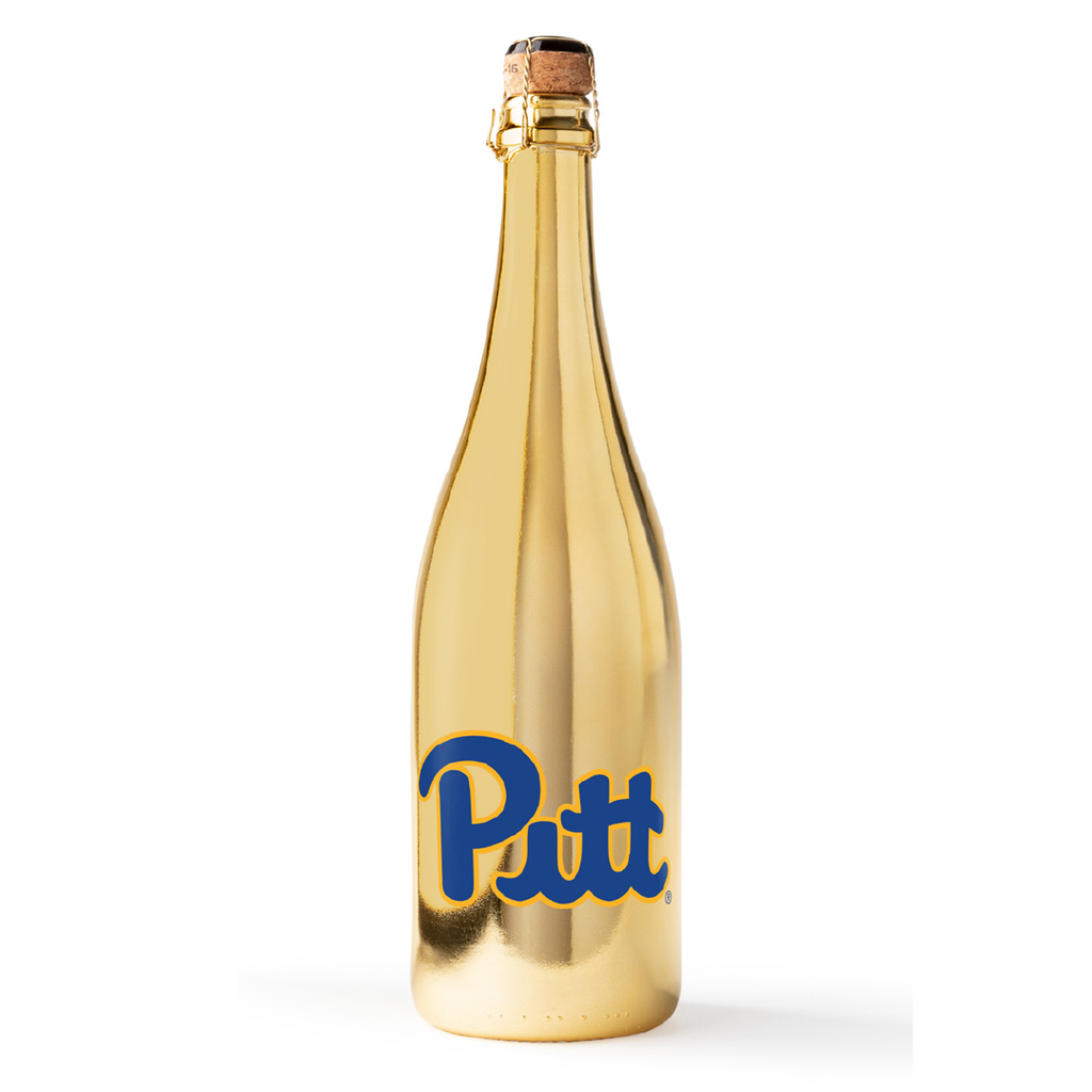 Gold bottle of bubbly wine featuring the University of Pittsburgh blue Pitt script on the bottle