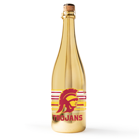 Metallic gold bubbly wine bottle featuring the University of Southern California Trojans logo with red and gold trojan soldier