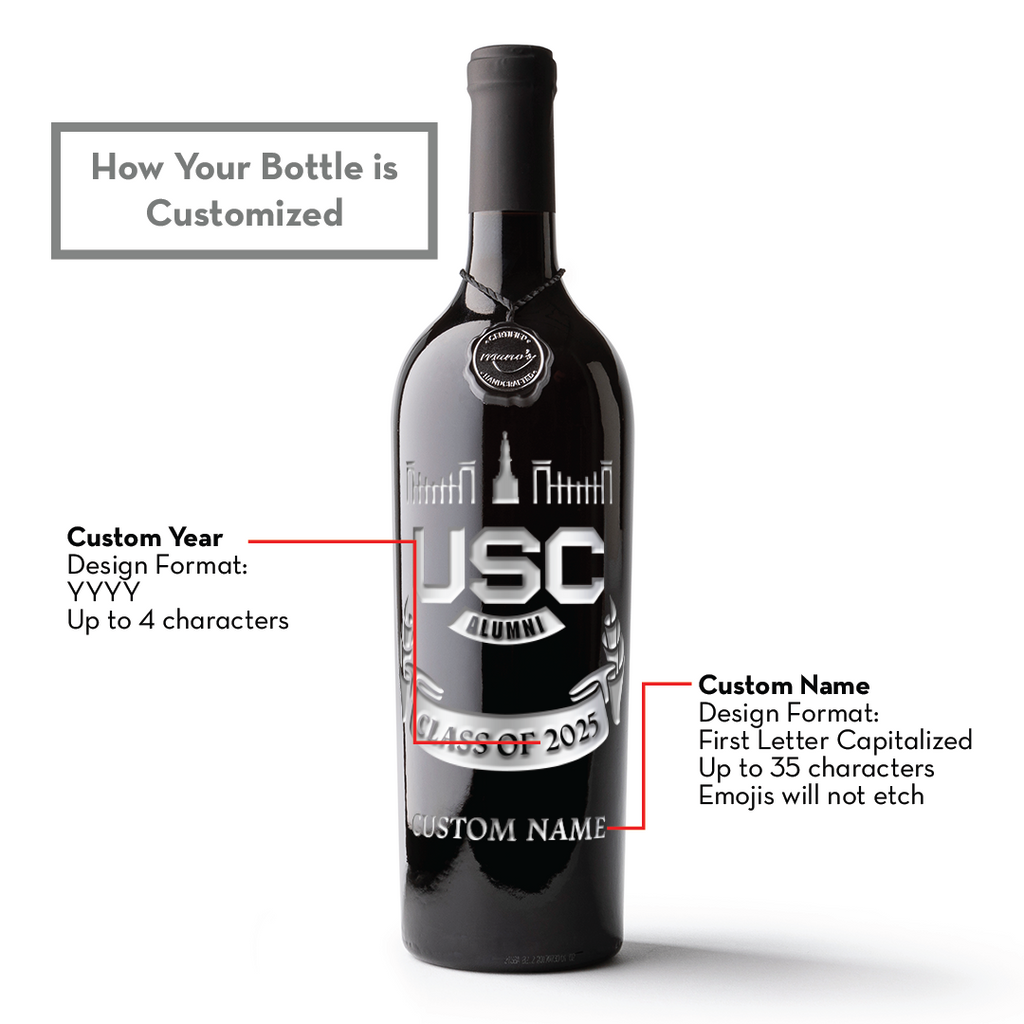 How your bottle is customized at Mano's Wine with name and year of University of South Carolina alumni