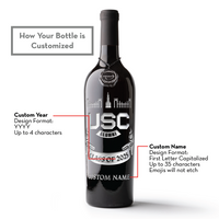 How your bottle is customized at Mano's Wine with name and year of University of South Carolina alumni