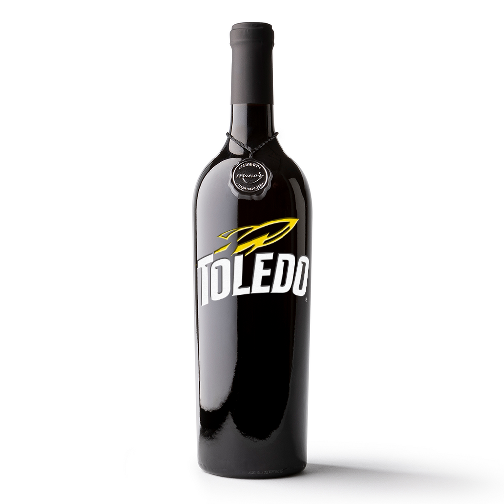 Black wine bottle with University of Toledo Rockets logo etched design