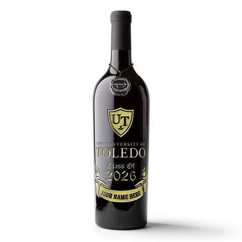 Customizable University of Toledo alumni etched wine bottle from Mano's Wine