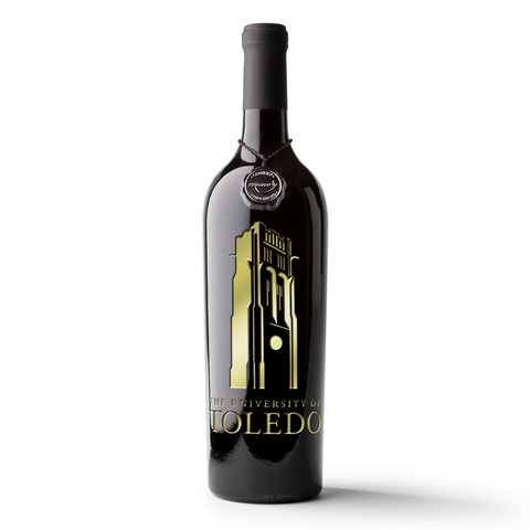 Gold University of Toledo Tower etched wine bottle from Mano's Wine
