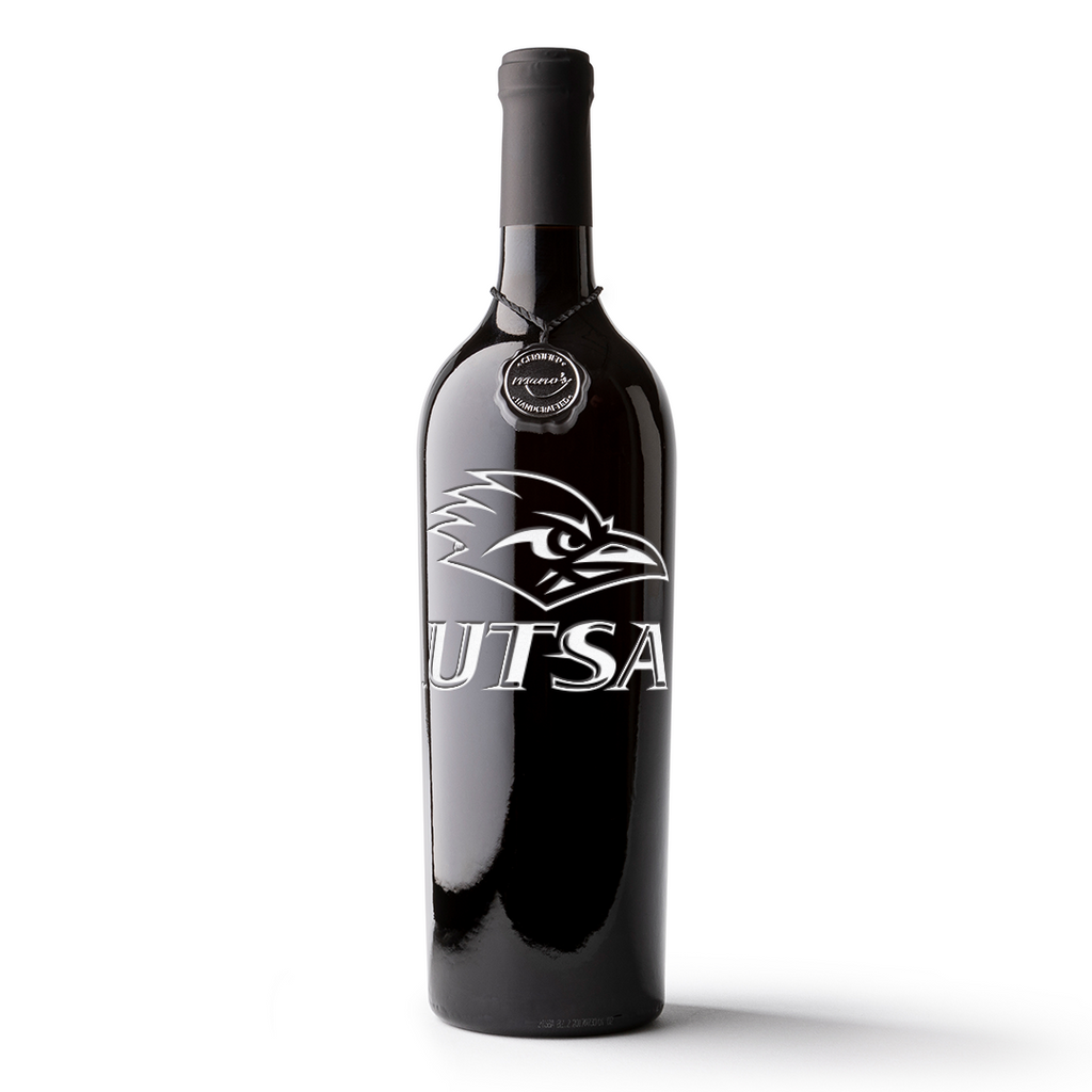 Mano's Wine Cabernet sauvignon wine bottle etched with UTSA Roadrunners logo