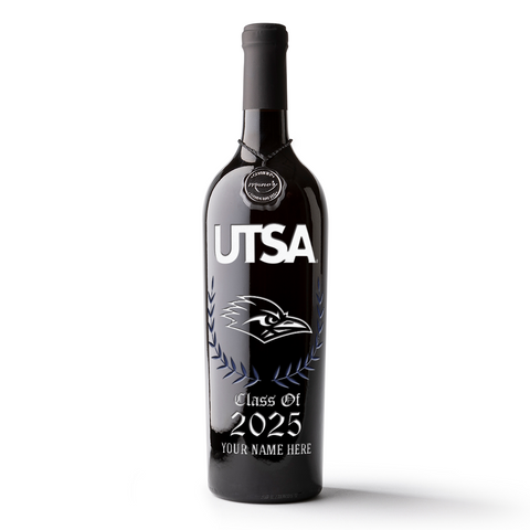 Customize a University of Texas at San Antonio bottle of wine etched with alum name and graduating year