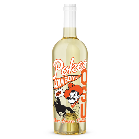A bottle of Oklahoma State University Icons Sauvignon Blanc wine with a label featuring a cowboy university icons