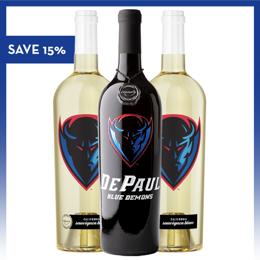 Mano's Wine DePaul University 3 pack of wine red and white wine bottles with Blue Demons logo