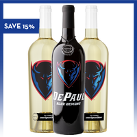 Mano's Wine DePaul University 3 pack of wine red and white wine bottles with Blue Demons logo