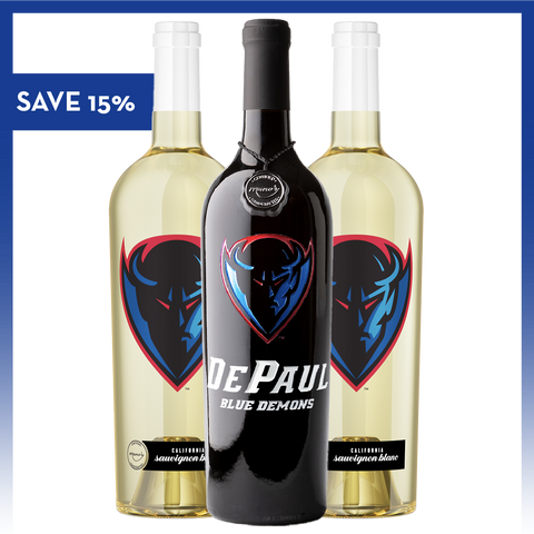 Mano's Wine DePaul University 3 pack of wine red and white wine bottles with Blue Demons logo