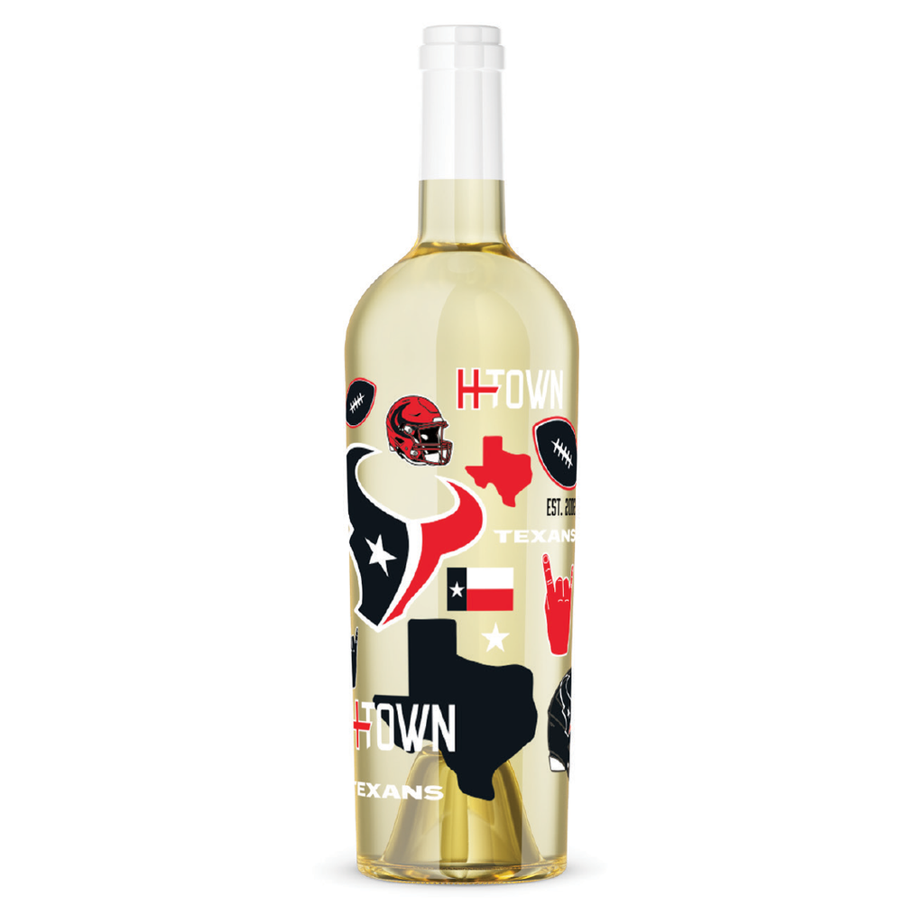Chardonnay wine bottle from Mano's Wine featuring the Houston Texans team logo and Texan iconography