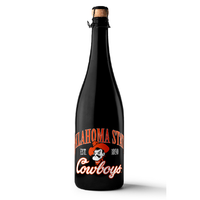 A matte black bottle of Oklahoma State University Cowboys branded sparkling wine from Mano's Wine