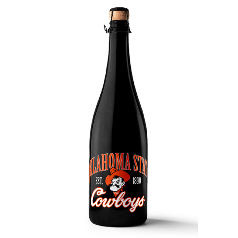 A matte black bottle of Oklahoma State University Cowboys branded sparkling wine from Mano's Wine