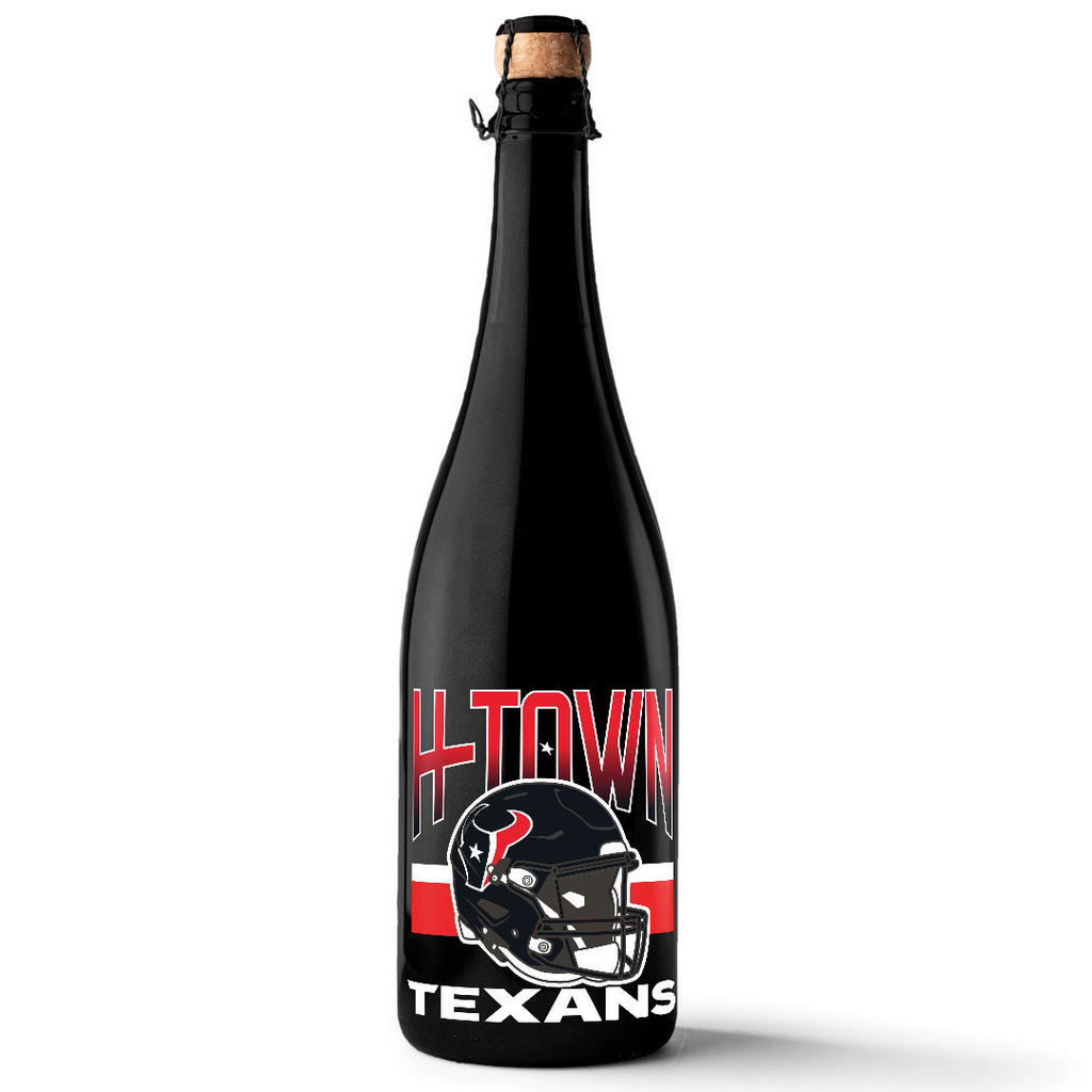 Mano's Wine black bottle of bubbly wine with Houston Texans helmet and H-TOWN TEXANS text