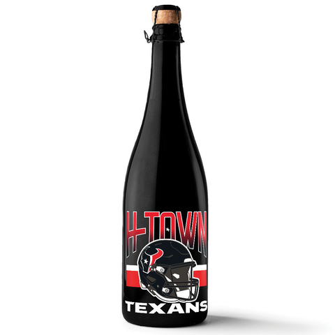 Mano's Wine black bottle of bubbly wine with Houston Texans helmet and H-TOWN TEXANS text