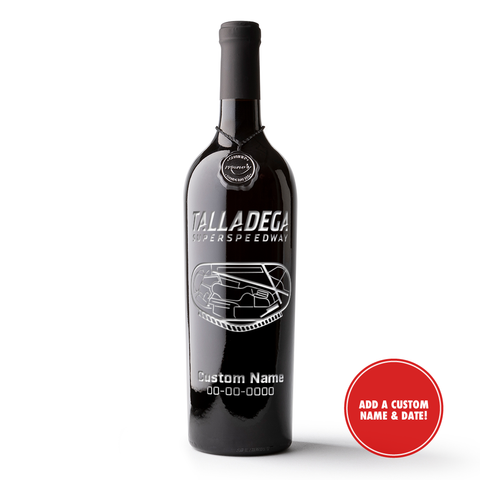 Customize a bottle of Mano's Wine's Talladega Speedway Etched Wine with name and date