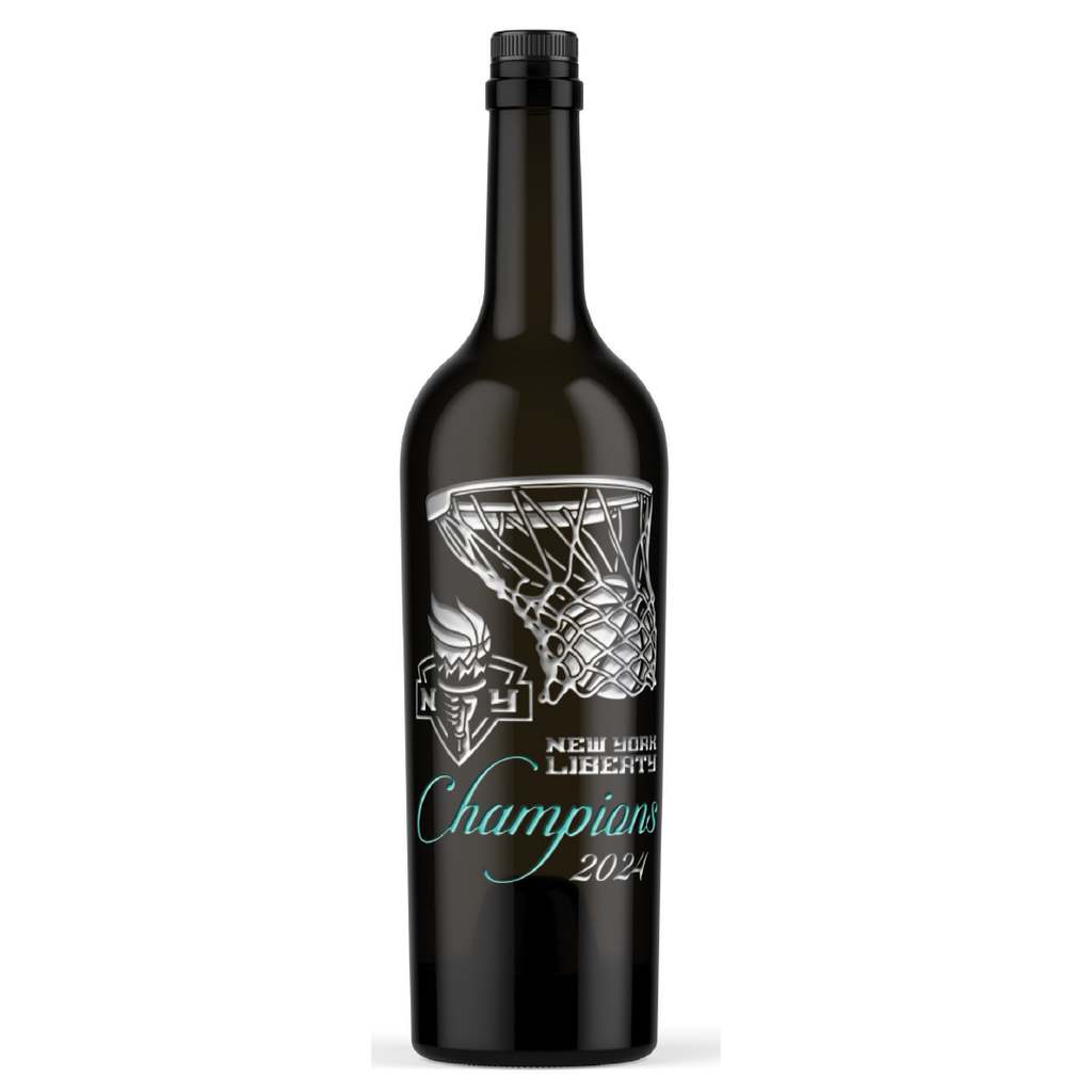 Mano's Wine bottle etched with basketball in hoop, New York Liberty logo and 2024 Champions