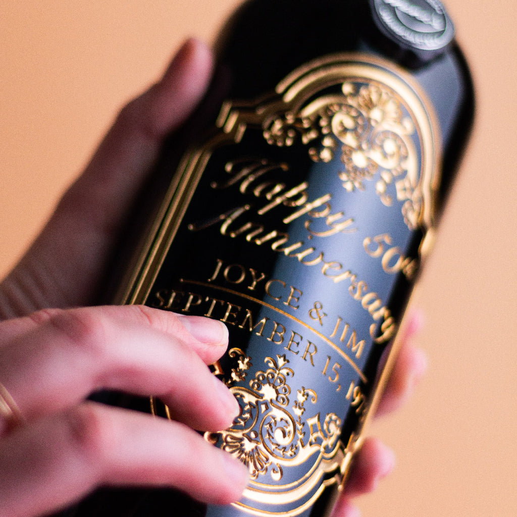 Gold 50th Anniversary Classic Frame Custom Etched Wine Bottle