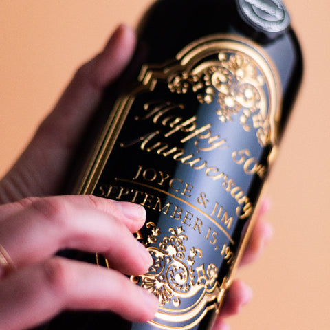 Gold 50th Anniversary Classic Frame Custom Etched Wine Bottle