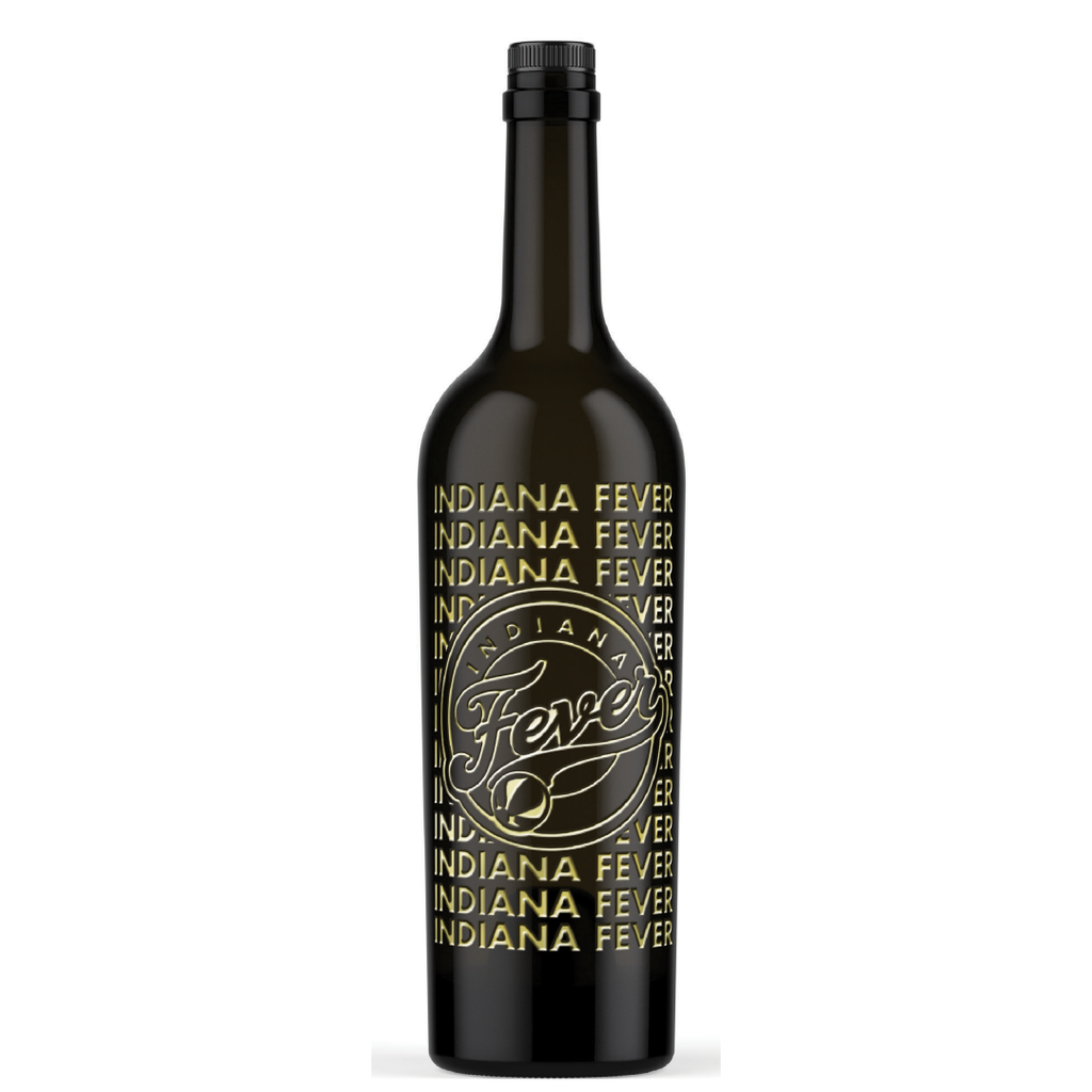 Gold etched Indiana Fever collectible display wine bottle from Mano's Wine
