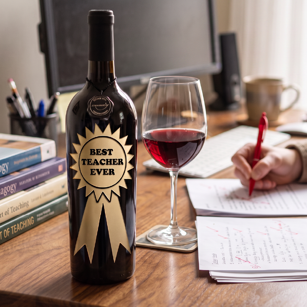 Best Teacher Ever Ribbon Etched Wine Bottle
