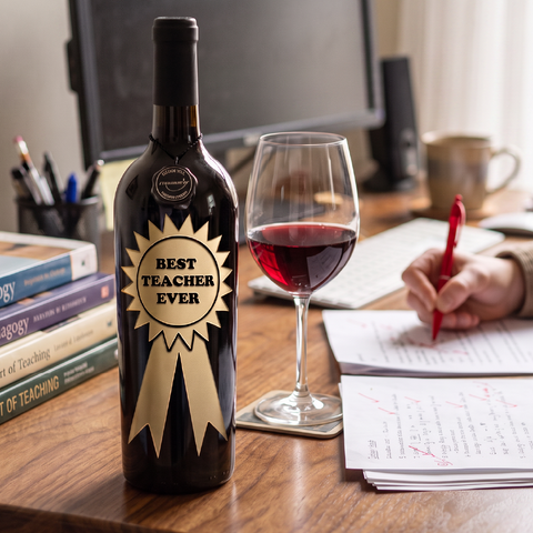 Best Teacher Ever Ribbon Etched Wine Bottle