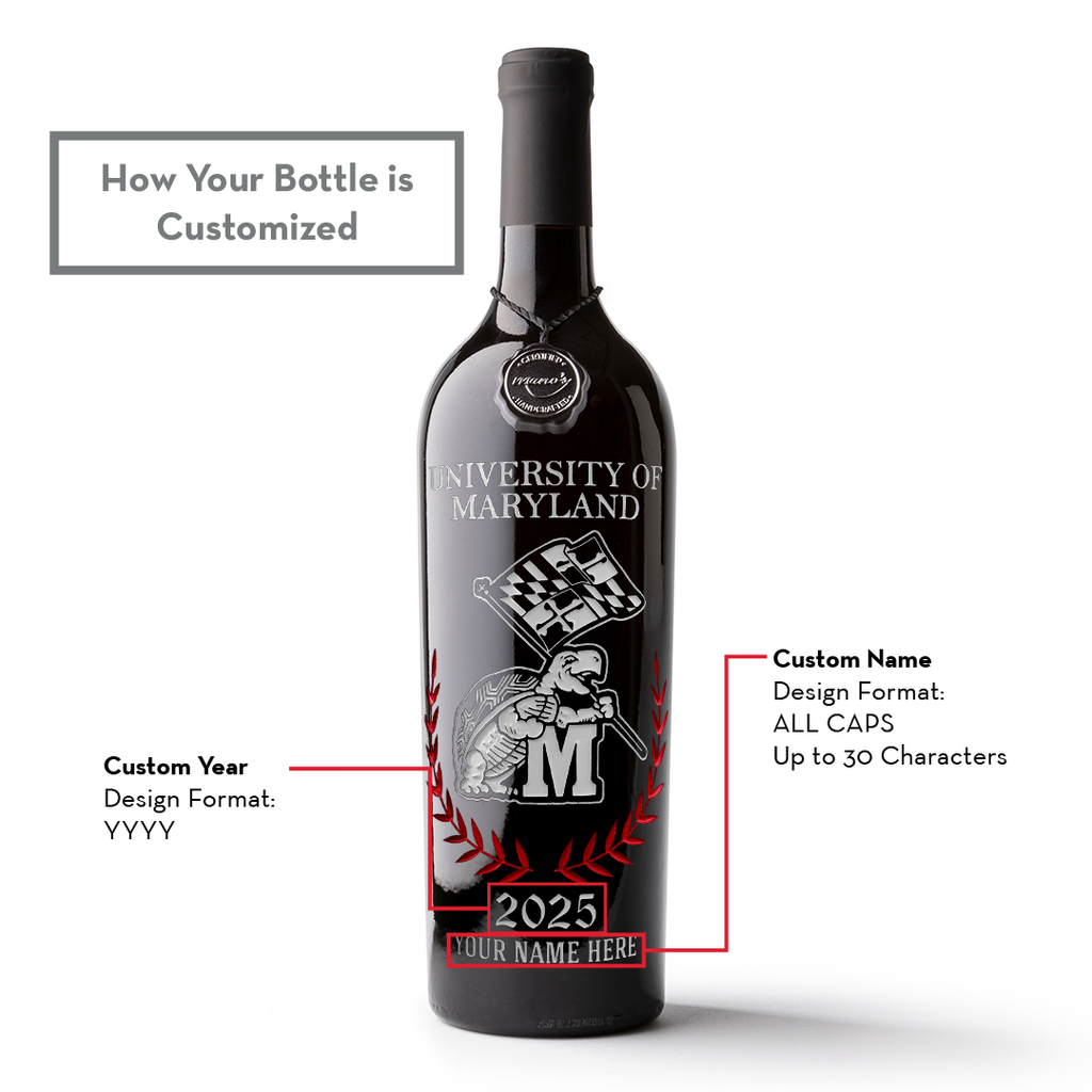 How to customize a Mano's Wine University of Maryland alumni bottle with name and graduating year