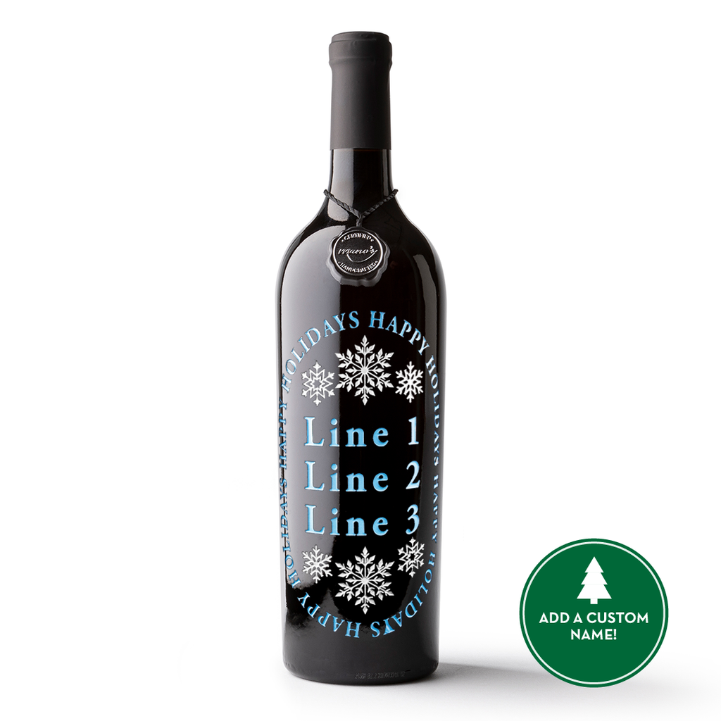 Happy Holidays Snowflake Custom Etched Wine Bottle