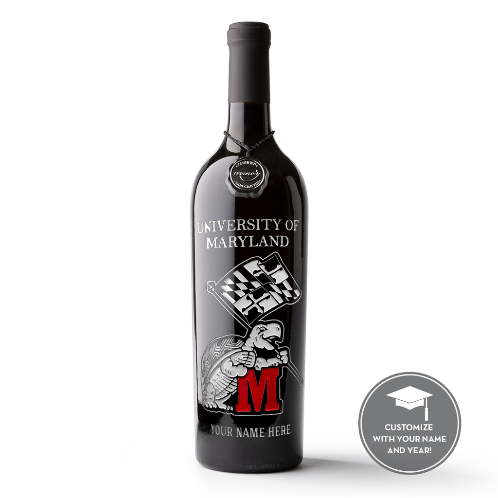 University of Maryland Custom Name Etched Wine bottle from Mano's Wine