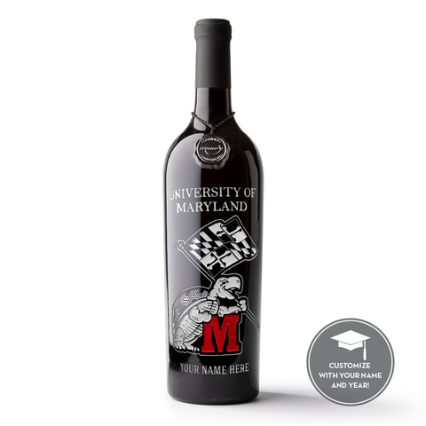 University of Maryland Custom Name Etched Wine bottle from Mano's Wine