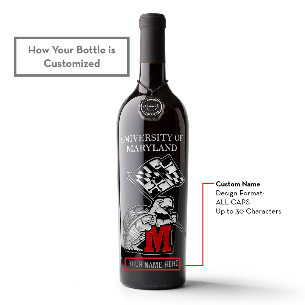How to customize a bottle of Mano's Wine University of Maryland Custom Name etched wine bottle