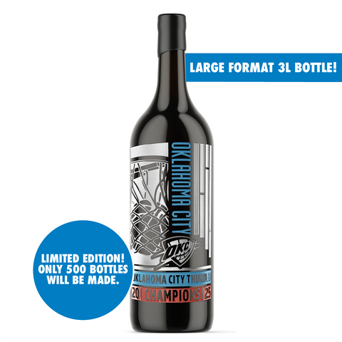 OKC Thunder 2025 Champions Limited Edition 3L etched wine bottle from Mano's Wine