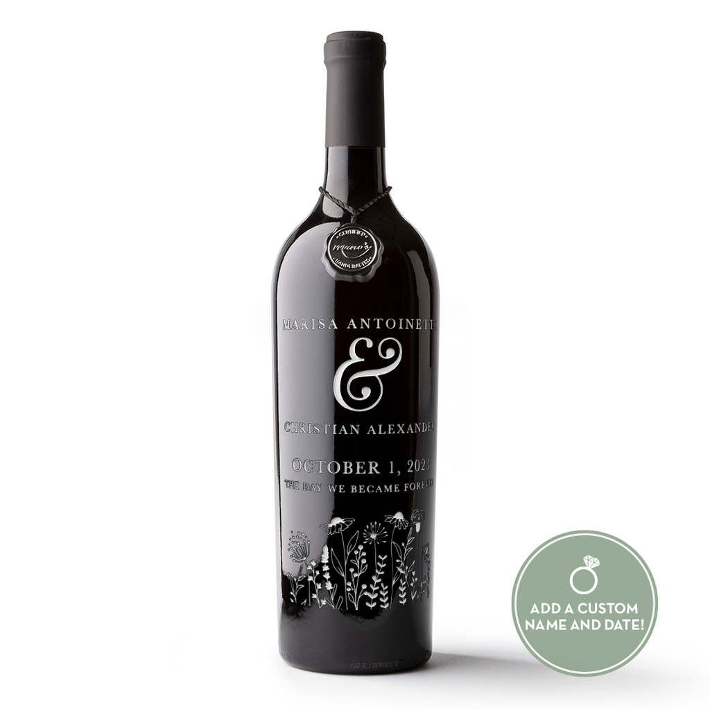 Floral Wedding Custom Etched Wine Bottle