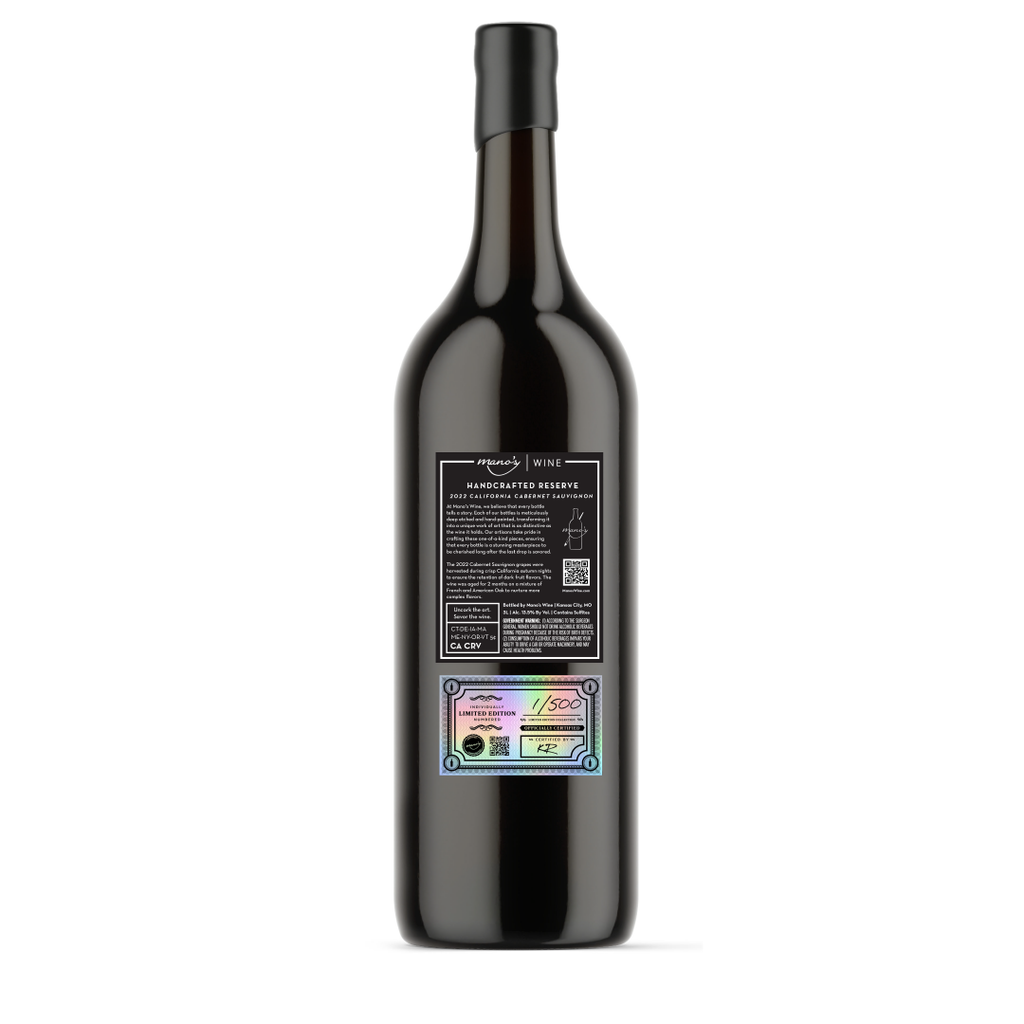 Backside label of Ohio State University 2024 National Champions etched wine bottle from Mano's Wine