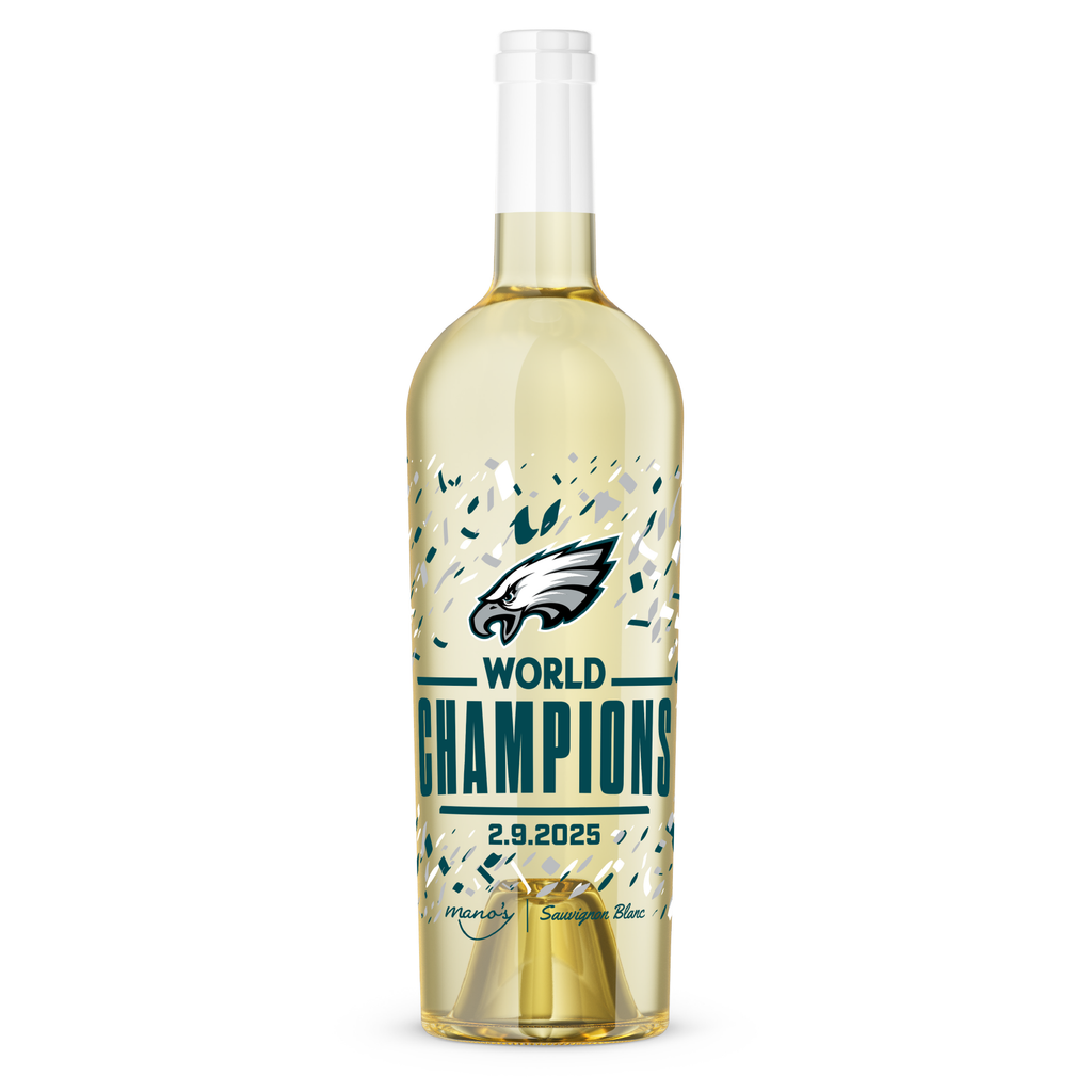 Mano's Wine sauvignon blanc wine bottle featuring Philadelphia Eagles 2024 World Champions text and green confetti