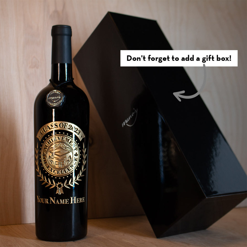 Add a black gift box to your order of Mano's Wine Custom Graduate Laurel Etched Wine bottle for graduation