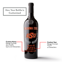 How a Mano's Wine Oklahoma State University Custom Alumni Etched Wine bottle can be customized with name and graduation year