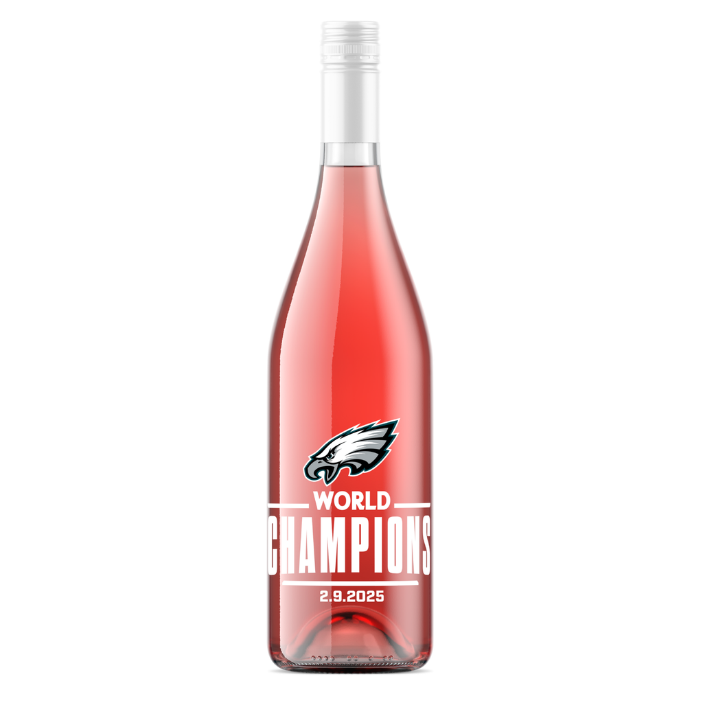 Get a bottle of the Philadelphia Eagles 2024 World Champions Sweet Rosé wine from Mano's Wine