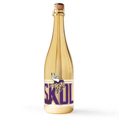 Minnesota Vikings logo and SKOL text on gold bubbly wine bottle